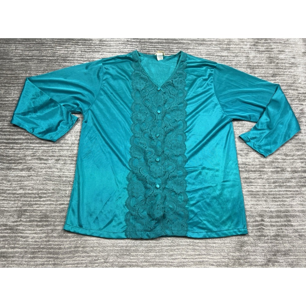 Vintage Sears Carriage Court Pajama Top Womens Large Green Button Up Lace
